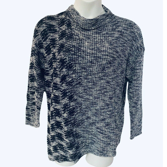 Nik + Zoe Navy Off-White Cotton Rayon Marled Office Casual Mock Neck Sweater - Picture 3 of 5